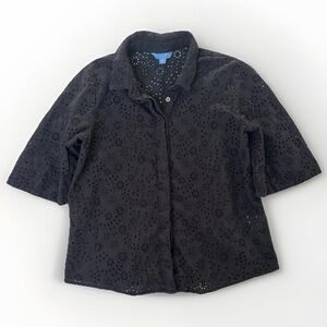 Draper James Black Eyelet Button Down Blouse Cotton XS